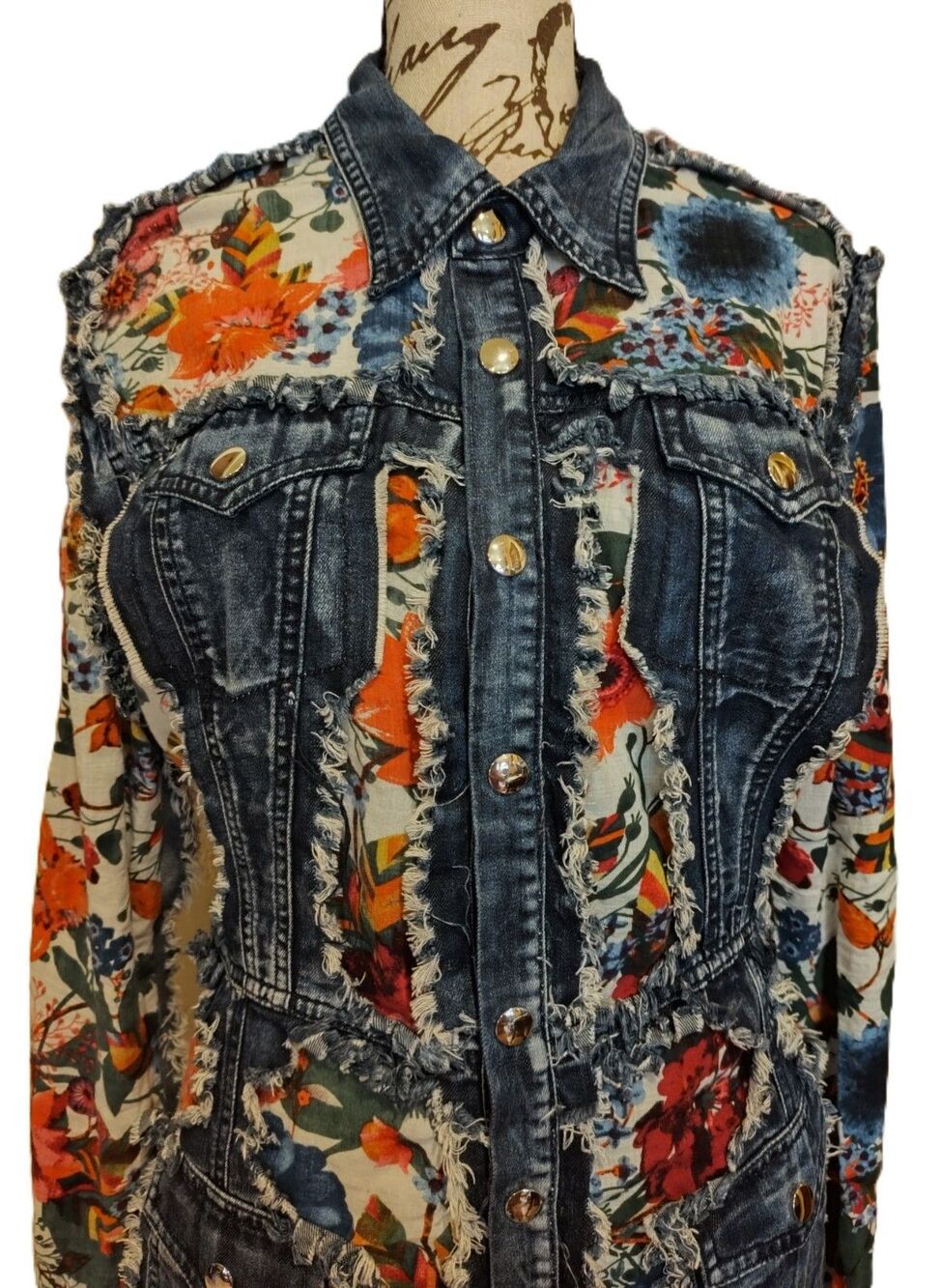 ADORE Distressed Denim Floral Duster Jacket Dress Artsy Boho Western Large EUC - Picture 2 of 6